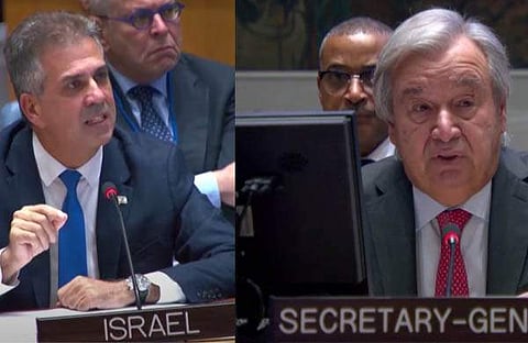 ഇസ്രയേല് വിദേശകാര്യമന്ത്രി ഏലി കോഹൻ, യുഎന് മേധാവി അന്റോണിയോ ഗുട്ടെറസ്/ ടെലിവിഷൻ സ്ക്രീൻഷോട്ട്
