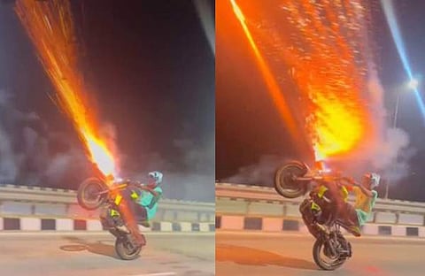 യുവാവിന്റെ ബൈക്ക് അഭ്യാസത്തിന്റെ വീഡിയോ ദൃശ്യം