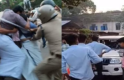 പൊലീസ് ജീപ്പ് അടിച്ചു തകര്ത്തവരെ കസ്റ്റഡിയിലെടുത്ത് പൊലീസ്/ ഫോട്ടോ: ടെലിവിഷന് സ്ക്രീന് ഷോട്ട്