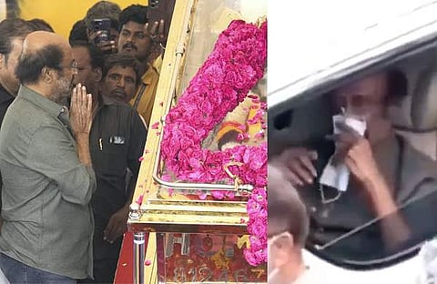 വിജയകാന്തിന് അന്തിമോപചാരമർപ്പിക്കുന്ന രജനീകാന്ത്/ ചിത്രം: പിടിഐ, കാറിലിരുന്ന് കരയുന്ന രജനീകാന്ത്/ വിഡിയോ സ്ക്രീൻഷോട്ട്