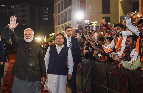 മൂന്ന് സംസ്ഥാനങ്ങളിലെ വിജയത്തിന് പിന്നാലെ പാര്ട്ടി ആസ്ഥാനത്ത് പ്രവര്ത്തകരെ അഭിസംബോധന ചെയ്യുന്ന ന മോദി/ പിടിഐ