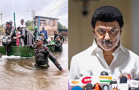 വെള്ളപ്പൊക്കത്തില് കുടുങ്ങിയവരെ മാറ്റുന്നു, എം കെ സ്റ്റാലിന്/ ഫോട്ടോ: പിടിഐ