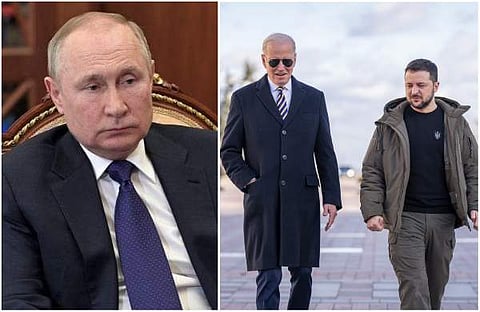 പുടിൻ/ ഫയൽ ചിത്രം, ജോ ബൈഡനും യുക്രൈന് പ്രസിഡന്റ് വ്ലാടിമര് സെലന്സ്കിയും/ ട്വിറ്റർ