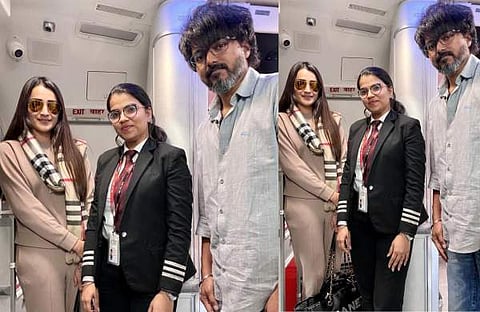 വിജയും തൃഷയും വിമാനത്തിൽ/ ചിത്രം; ട്വിറ്റർ