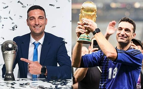 ഫിഫ ദ ബെസ്റ്റ്, ലോകകപ്പ് ട്രോഫികളുമായി സ്കലോണി/ ട്വിറ്റർ