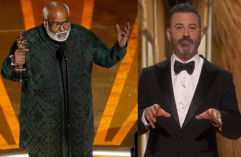 കീരവാണി ഓസ്കര് സ്വീകരിക്കുന്നു/ പിടിഐ, ജിമ്മി കിമ്മല്/ വിഡിയോ സ്ക്രീന്ഷോട്ട്