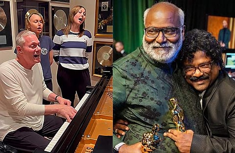 റിച്ചാർഡ് കാർപ്പെന്ററിന്റെ വിഡിയോയിൽ നിന്ന്, ഓസ്കർ ജേതാക്കളായ കീരവാണിയും ചന്ദ്രബോസും/ പിടിഐ