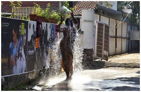 കൊടും ചൂടിനെ പ്രതിരോധിക്കാൻ റോഡിൽ നിന്ന് കുളിക്കുന്നു/ ചിത്രം: എ സനേഷ്