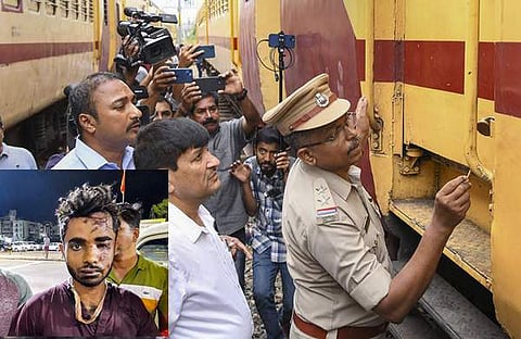 തീവെപ്പുണ്ടായ ട്രെയിന് പൊലീസ് ഉദ്യോഗസ്ഥര് പരിശോധിക്കുന്നു; താഴെ ഷാറൂഖ് സെയ്ഫി