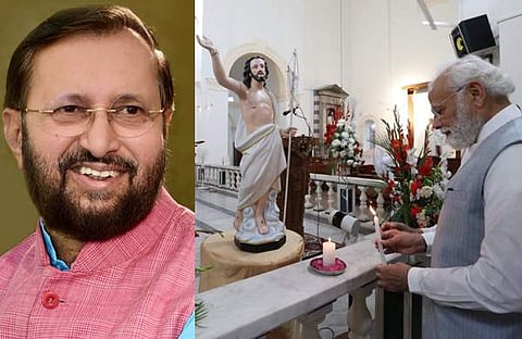 പ്രകാശ് ജാവഡേക്കര്, മോദി പള്ളിയില് പ്രാര്ത്ഥന നടത്തുന്നു/ പിടിഐ