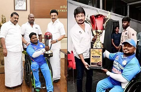 മുഖ്യമന്ത്രി എംകെ സ്റ്റാലിൻ, കായിക മന്ത്രി ഉദയനിധി എന്നിവർക്കൊപ്പം വിനോദ്/ ചിത്രം ട്വിറ്റർ