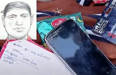 ബാഗിൽ നിന്നും കണ്ടെടുത്ത ഫോൺ, പ്രതിയുടെ രേഖാചിത്രം ( ഇൻസെറ്റിൽ)