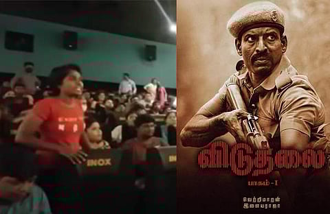 തിയറ്ററിൽ പൊലീസിനോട് തർക്കിക്കുന്ന വളർമതി/ വിഡിയോ സ്ക്രീൻഷോട്ട്, വിടുതലൈ പോസ്റ്റർ