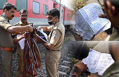 സംഭവസ്ഥലത്ത് പൊലീസ് പരിശോധന നടത്തുന്നു, ബുക്കിലെ ഡയറിക്കുറിപ്പുകൾ/എക്സപ്രസ് ഫോട്ടോ: ഇ ഗോകുൽ