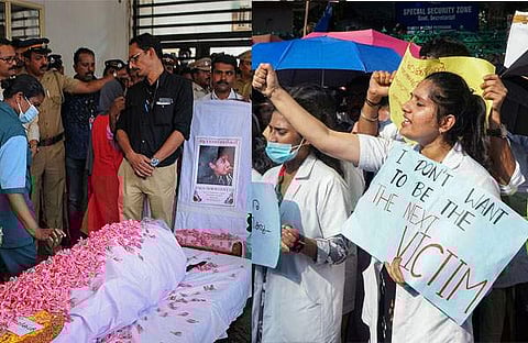 ഡോക്ടർ വന്ദനയുടെ മൃതദേഹം പൊതുദർശനത്തിന് വെച്ചപ്പോൾ, ഡോക്ടർമാരുടെ പ്രതിഷേധം/ ചിത്രം; പിടിഐ