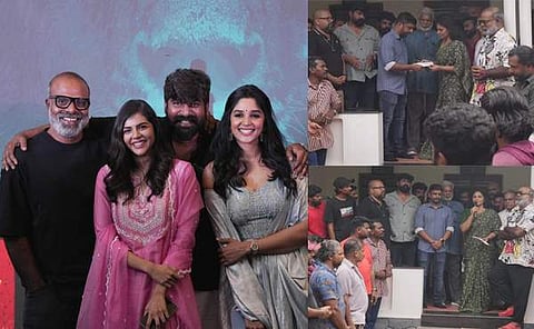 ആന്റണി സിനിമയിലെ അഭിനേതാക്കളായ ചെമ്പൻ വിനോദ്,ജോജു, കല്യാണ് നൈല ഉഷ, ചിത്രത്തിന്റെ സെറ്റിൽ നടന്ന അനുശോചനം/ ഫെയ്സ്ബുക്ക്