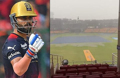 വിരാട് കോഹ്ലി, മഴയിൽ ചിന്നസ്വാമി സ്റ്റേഡിയം/ ട്വിറ്റർ