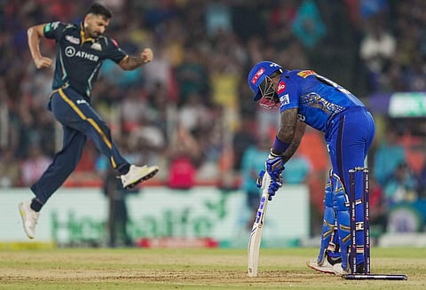 സൂര്യകുമാർ യാദവിന്റെ വിക്കറ്റ് വീഴ്ത്തിയ മോഹിത് ശർമയുടെ ആഹ്ലാദം/ പിടിഐ