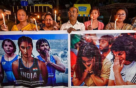 ഗുസ്തി താരങ്ങൾക്ക് പിന്തുണ പ്രഖ്യാപിച്ചു നടന്ന പ്രതിഷേധം/ പിടിഐ