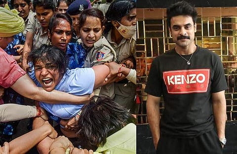 ഗുസ്തി താരങ്ങളുടെ പ്രതിഷേധത്തിൽ നിന്ന്/ ചിത്രം; പിടിഐ, ടൊവിനോ തോമസ്/ ഫെയ്സ്ബുക്ക്