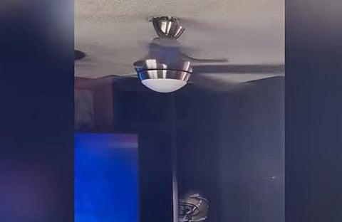 കറങ്ങുന്ന ഫാനിന്റെ മുകളില് ചുറ്റികിടക്കുന്ന പാമ്പിന്റെ ദൃശ്യം