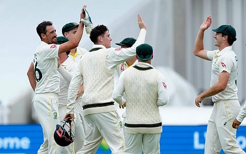 ഹാരി ബ്രൂകിനെ പുറത്താക്കിയത് ആഘോഷിക്കുന്ന ഓസ്ട്രേലിയൻ ടീം/ പിടിഐ