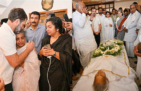 ഉമ്മന്ചാണ്ടിയുടെ കുടുംബാംഗങ്ങളെ ആശ്വസിപ്പിക്കുന്ന രാഹുല്- സോണിയ അന്ത്യാഞ്ജലി അര്പ്പിക്കുന്നു