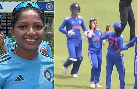 വിക്കറ്റ് നേട്ടം സഹ താരങ്ങൾക്കൊപ്പം ആഘോഷിക്കുന്ന മിന്നു/ ട്വിറ്റർ