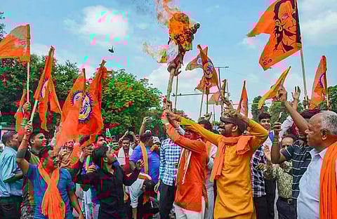 ബജ് രംഗ് ദൾ പ്രവർത്തകർ ഡൽഹിയിൽ നടത്തിയ പ്രതിഷേധം/ പിടിഐ