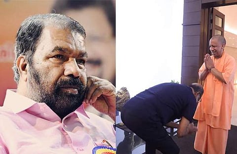 വി ശിവൻകുട്ടി/ ഫെയ്സ്ബുക്ക്, രജനീകാന്ത് യോഗിയുടെ കാൽതൊട്ട് വണങ്ങുന്നു/ ഫയൽ ചിത്രം