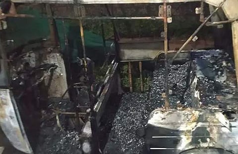 ചിത്രലേഖയുടെ ഓട്ടോ കത്തിനശിച്ച നിലയിൽ