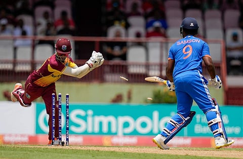 രണ്ടാം ടി20യിൽ സ്റ്റംപിങിൽ പുറത്താകുന്ന സഞ്ജു/ പിടിഐ