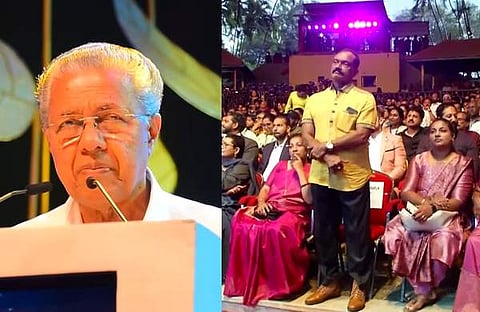 ചലച്ചിത്ര പുരസ്കാര വേദിയിൽ മുഖ്യമന്ത്രി പ്രസംഗിക്കുന്നു, എഴുന്നേറ്റ് നിന്ന് പ്രസംഗം കേൾക്കുന്ന ഭീമൻ രഘു/ വിഡിയോ സ്ക്രീൻഷോട്ട്