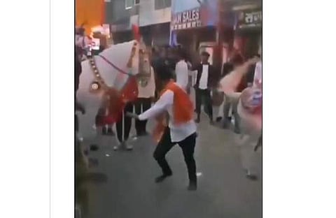 കുതിരയുടെ മുന്നില് നൃത്തം കളിക്കുന്ന യുവാവിന്റെ ദൃശ്യം