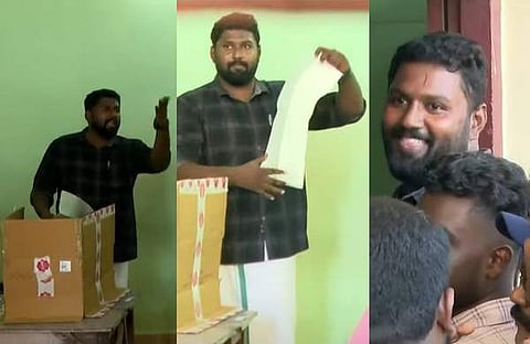 അമല് പോളിങ് ബൂത്തിനുള്ളില്/ ടെലിവിഷന് ദൃശ്യം