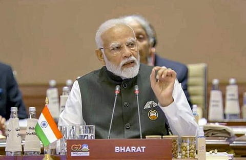 ജി 20 ഉച്ചകോടിക്കു തുടക്കം കുറിച്ച് പ്രധാനമന്ത്രി നരേന്ദ്ര മോദി സംസാരിക്കുന്നു/പിടിഐ