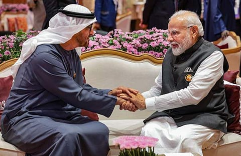 ജി 20 ഉച്ചകോടിയില് പങ്കെടുത്ത യുഎഇ പ്രസിഡന്റ് പ്രധാനമന്ത്രിക്കൊപ്പം/ പിടിഐ