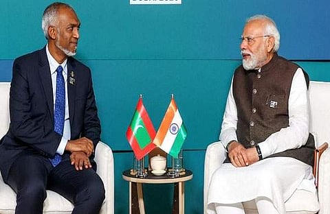 മാലിദ്വീപ് പ്രസിഡന്റ് മുഹമ്മദ് മുയിസുവും നരേന്ദ്ര മോദിയും /പിടിഐ