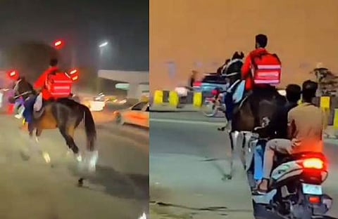 കുതിരപ്പുറത്ത് ഭക്ഷണവുമായി പോകുന്ന സൊമാറ്റോ ഡെലിവറി ബോയി/ ഫോട്ടോ: വീഡിയോ സ്ക്രീന്ഷോട്ട്