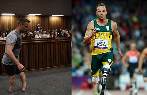 ഓസ്കര് പിസ്റ്റോറിയസ് തന്റെ കൃത്രിമകാല് അഴിച്ചുവെച്ച് കോടതിയില് വിചാരണക്കിടെ, മത്സരത്തില് പങ്കെടുക്കുന്നതിനിടെ/ ഫോട്ടോ: എഎഫ്പി