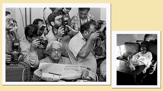 ഡൽഹിയിൽ നടന്ന ഒരു സി.പി.എം പോളിറ്റ് ബ്യൂറോ യോഗത്തിലേക്ക് ഇ.എം.എസും ജ്യോതിബാസുവും എത്തിയപ്പോൾ,അവരുടെ ചിത്രങ്ങളെടുക്കുന്ന ഫോട്ടോഗ്രാഫർമാർക്കു നടുവിലിരുന്ന് പാർട്ടി പ്രസിദ്ധീകരണം വായിക്കുന്ന ഇ.കെ നായനാർ,എ.ബി വാജ്പേയി ഡൽഹിയിൽ നിന്ന് ഫോട്ടോ പി. മുസ്തഫയുടെ രണ്ട് ചിത്രങ്ങള്