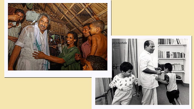 ഉമ്മൻ ചാണ്ടി ഒരു തെരഞ്ഞെടുപ്പ് പ്രചാരണത്തിനിടയിൽ ,എ.കെ ആൻ്റണി ഡൽഹിയിലെ വസതിയിൽ മക്കൾക്കൊപ്പം