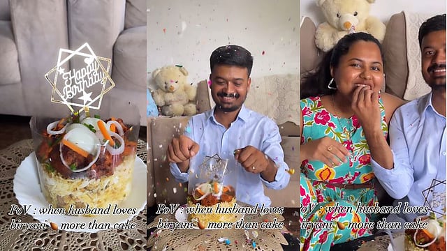 ഭർത്താവ് ബിരിയാണി പ്രിയനായാല്‍ എന്തു ചെയ്യും? വൈറലായി വെറൈറ്റി പിറന്നാള്‍ കേക്ക്, വിഡിയോ