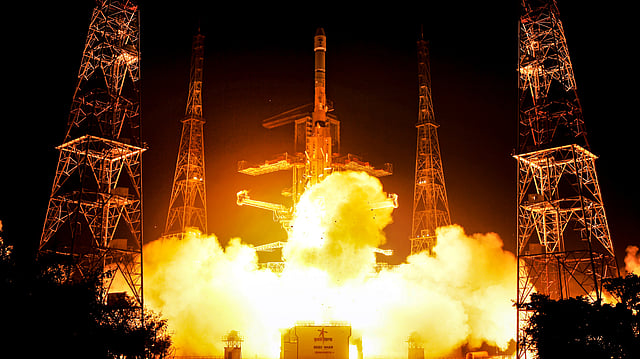 ISRO's Geosynchronous Satellite Launch Vehicle (GSLV-F15) carrying navigation satellite NVS-02, lifts off from the Satish Dhawan Space Centre