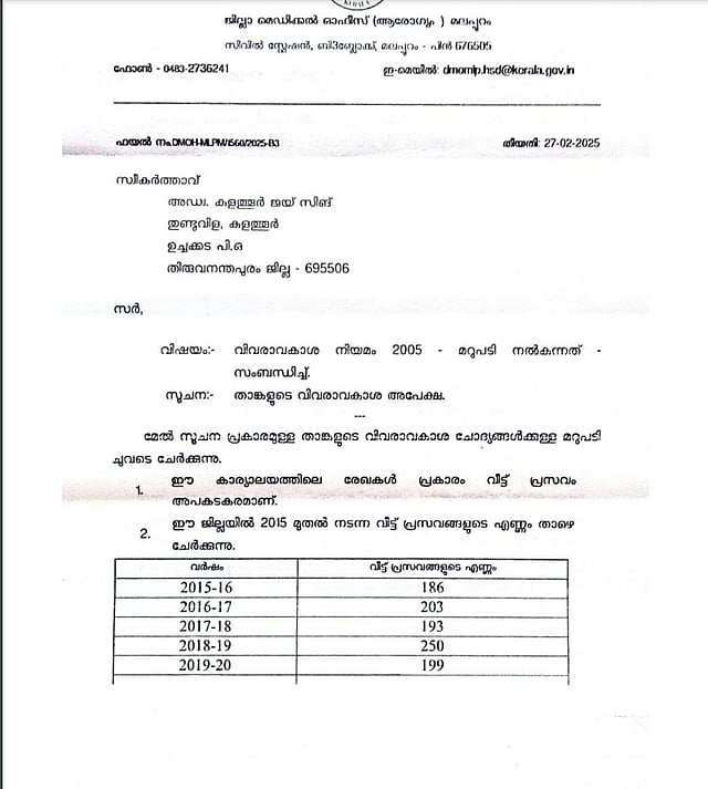 വിവരാവാകാശ രേഖപ്രകാരം ലഭിച്ച മറുപടി