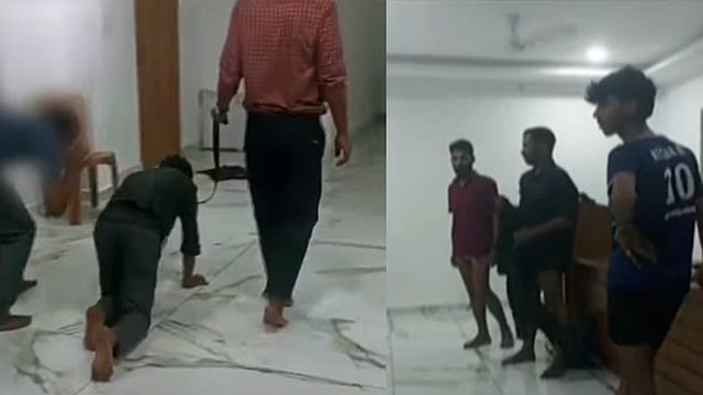 ജീവനക്കാരെ മുട്ടില് നടത്തുന്ന ദൃശ്യങ്ങള്