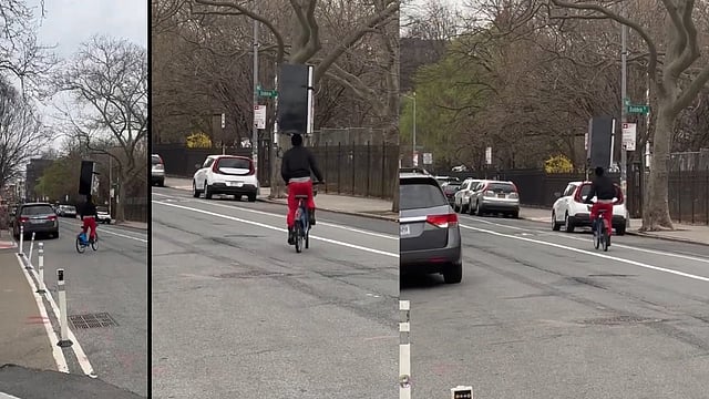ride a bicycle with a refrigerator on your head,video