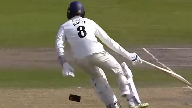 Lancashire cricketer accidentally drops mobile phone while running between wickets