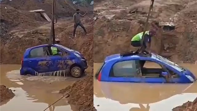 അടിപ്പാത നിര്‍മ്മാണത്തിനെടുത്ത കുഴിയില്‍ വെള്ളക്കെട്ട്; കാര്‍ നിയന്ത്രണം വിട്ടുമറിഞ്ഞു, വിഡിയോ