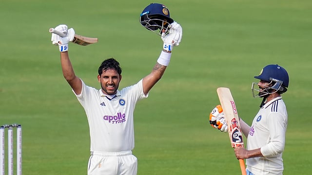 Dhruv Jurel celebrates after scoring a century